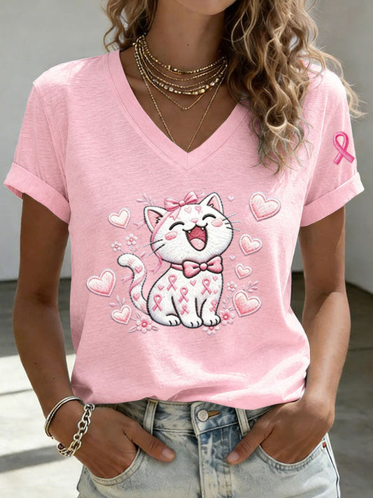 Women's Breast Cancer Awareness Cute Cat Print T-shirt