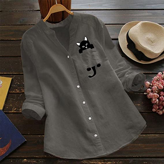 🔥V-neck Cotton And Cat Print Long Sleeve Blouse