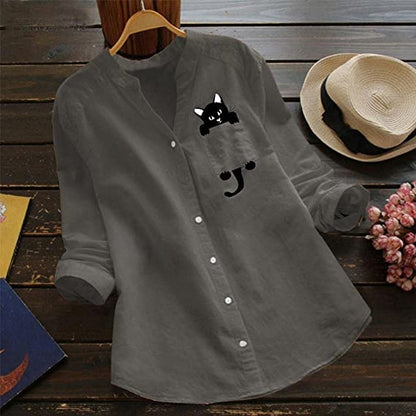 🔥V-neck Cotton And Cat Print Long Sleeve Blouse