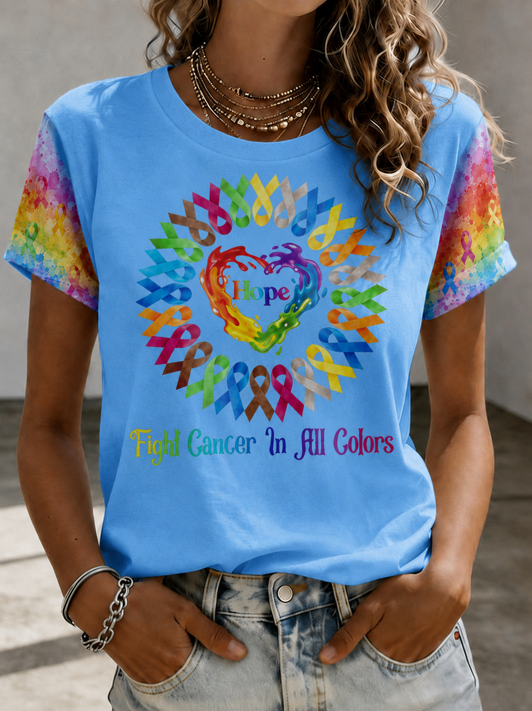 Women Hope Heart All Color Cancer Ribbons Fight Cancer T-Shirt
