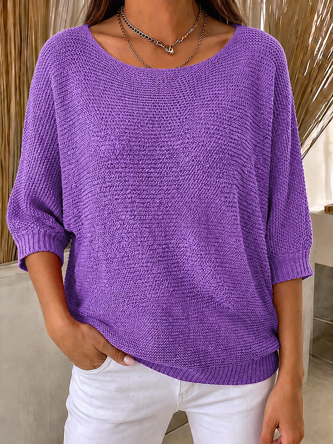 Women'S Solid Color Multi-Color Round Neck Knitted Sweater With Seven Quarter Sleeve Top