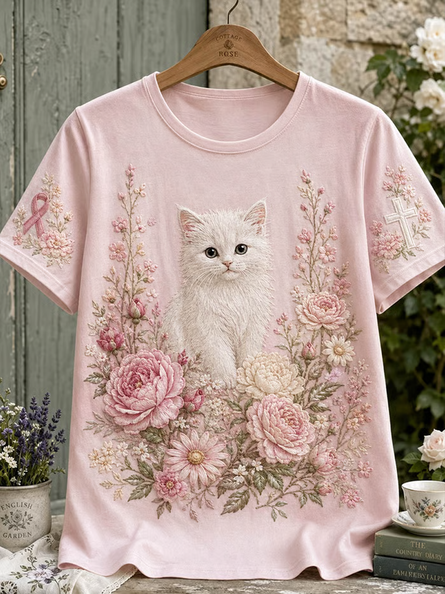 Women's Pink Floral Cat Breast Cancer Awareness T-Shirt
