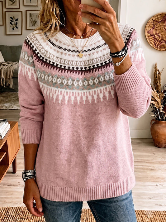 Women'S Pink Breast Cancer Awareness Printing Multi-Color Leisure Round Neck Color Contrast Loose Knit