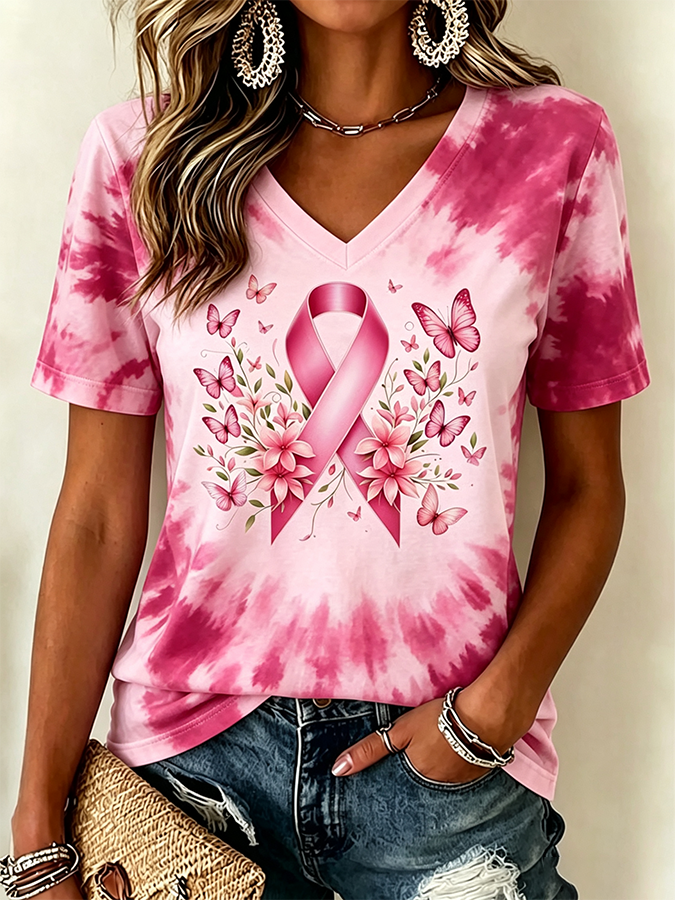 Women's Breast Cancer Awareness Tie Print Casual T-shirt