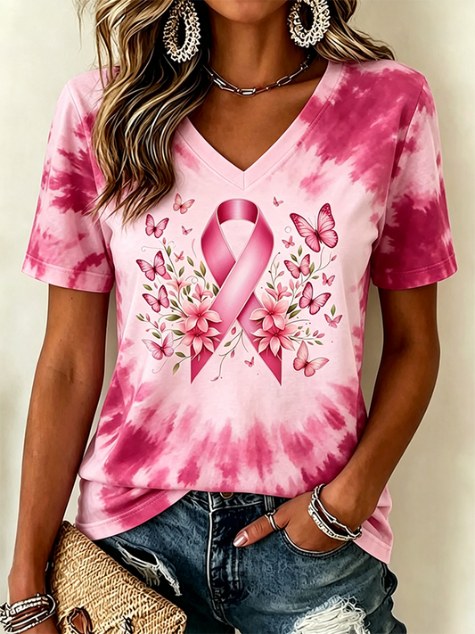 Women's Breast Cancer Awareness Tie Print Casual T-shirt