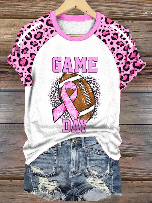 Women's Breast Cancer Awareness Game Day Leopard Print Stitching Casual Tee
