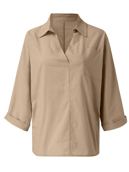 Solid Color V-Neck Long Sleeve Shirt