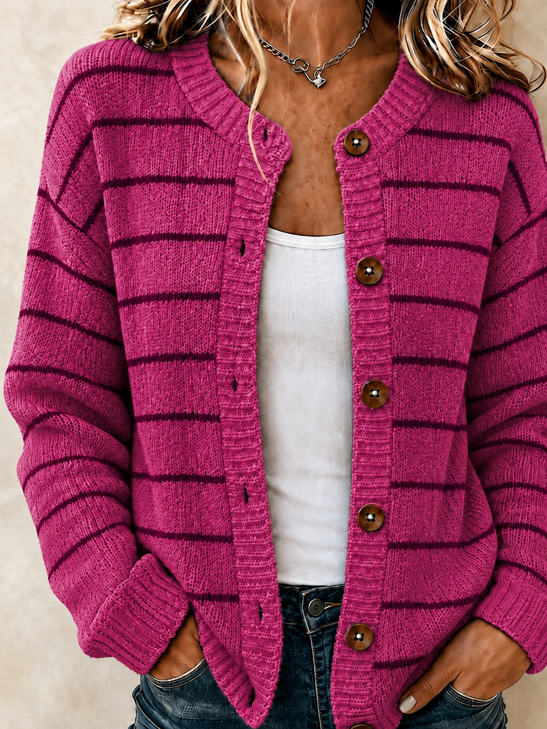 Women'S Casual Retro Striped Knitted Cardigan Top