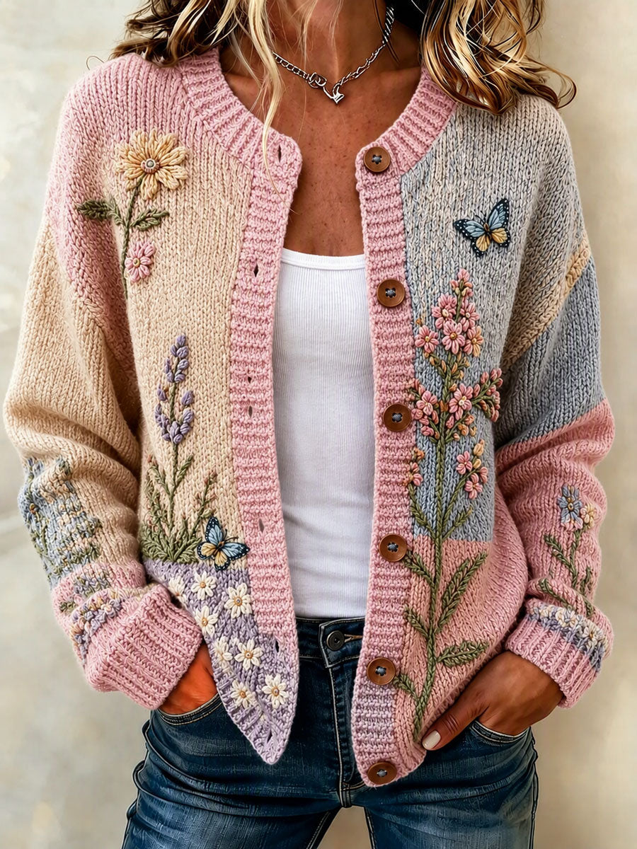 Ladies' Casual Plant Flower Knitted Cardigan Top