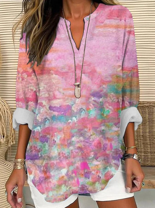 Women's Breast Cancer Awareness Print Casual Long Sleeve V-Neck Shirt