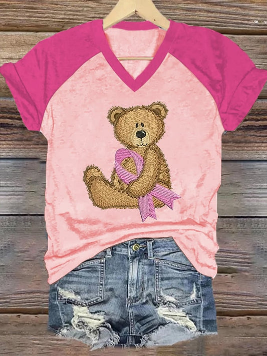 Women's Bear Breast Cancer Awareness Print Casual V-Neck T-Shirt