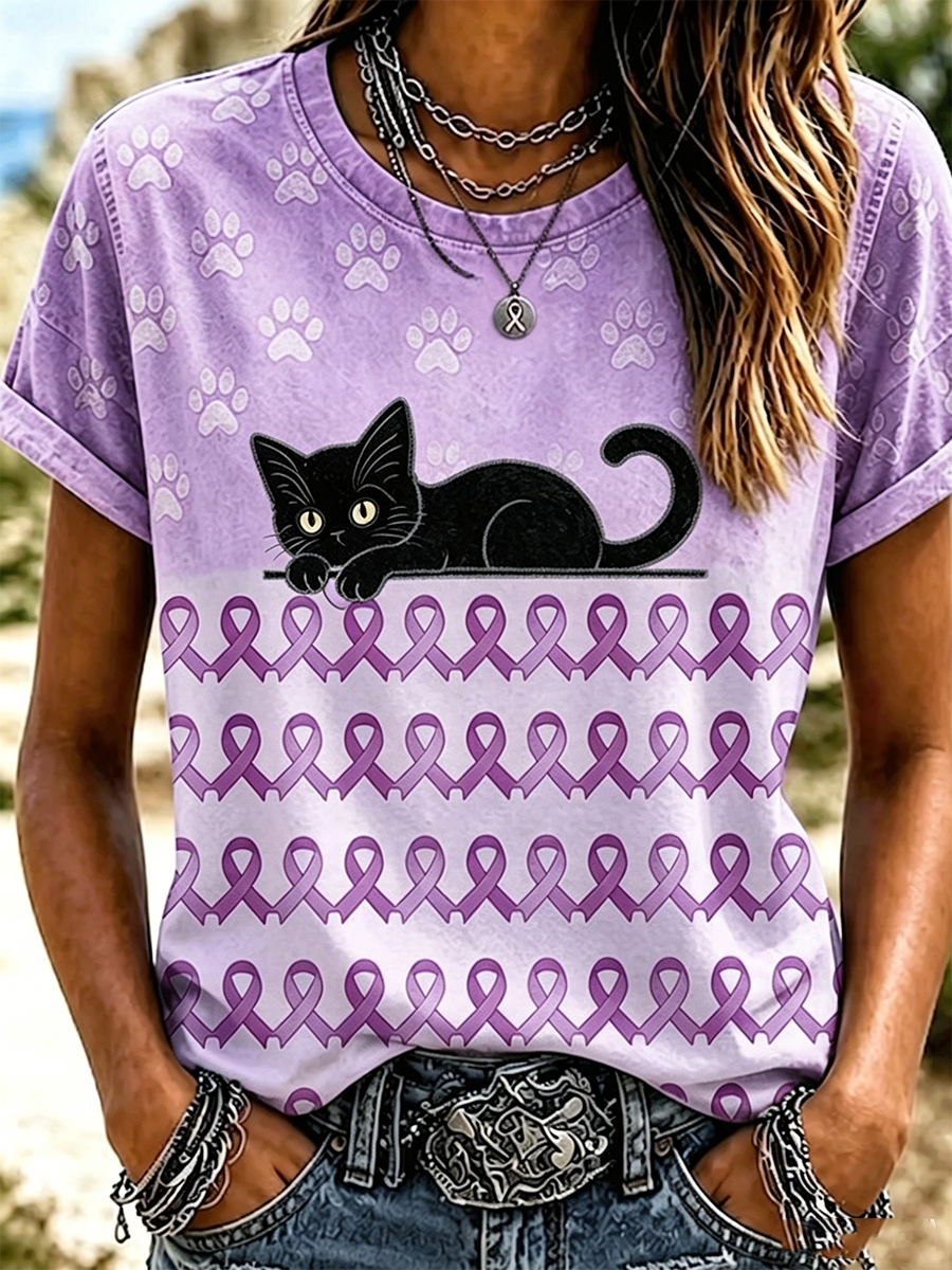 Women'S Casual Floral Cat Printed T-Shirt