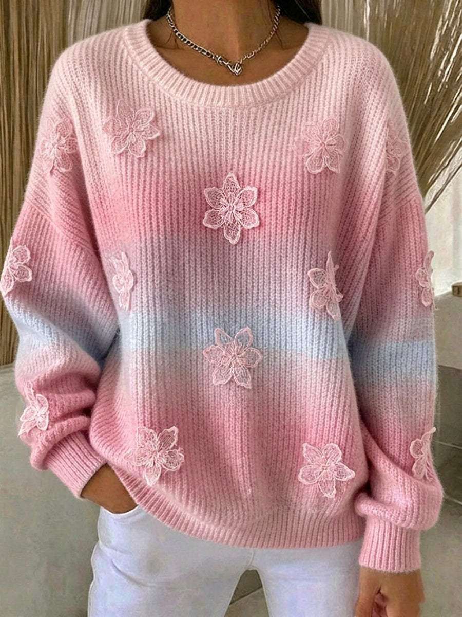 Women'S Pink Flowers Print Casual Knit Sweatshirt