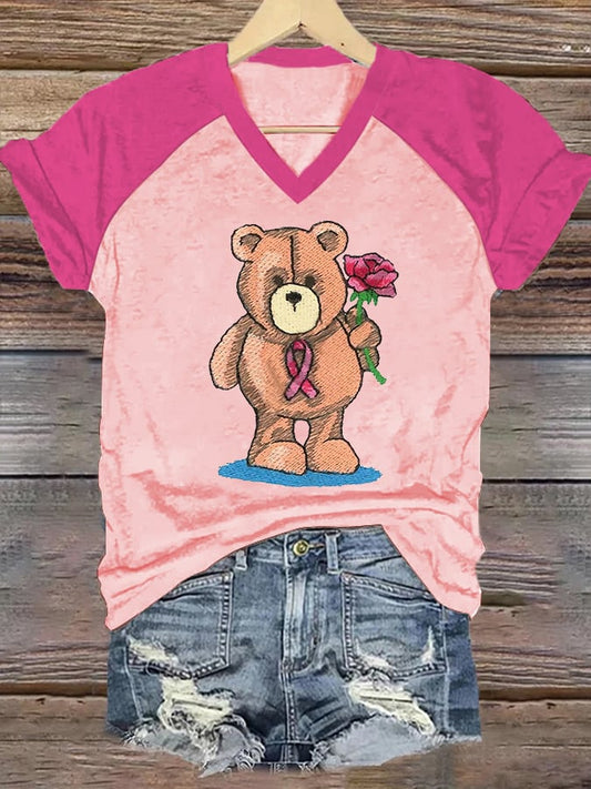 Women's Bear Breast Cancer Awareness Print Casual V-Neck T-Shirt