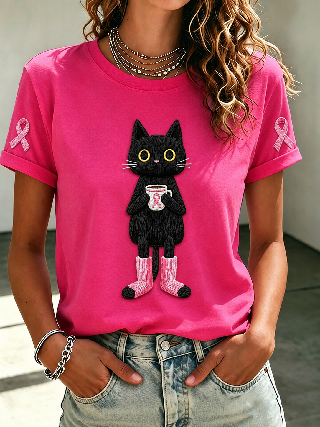 Women'S Pink Ribbon Cat Print Breast Cancer Awareness Short-Sleeved T-Shirt