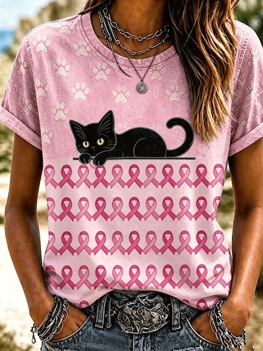 Women'S Casual Floral Cat Printed T-Shirt