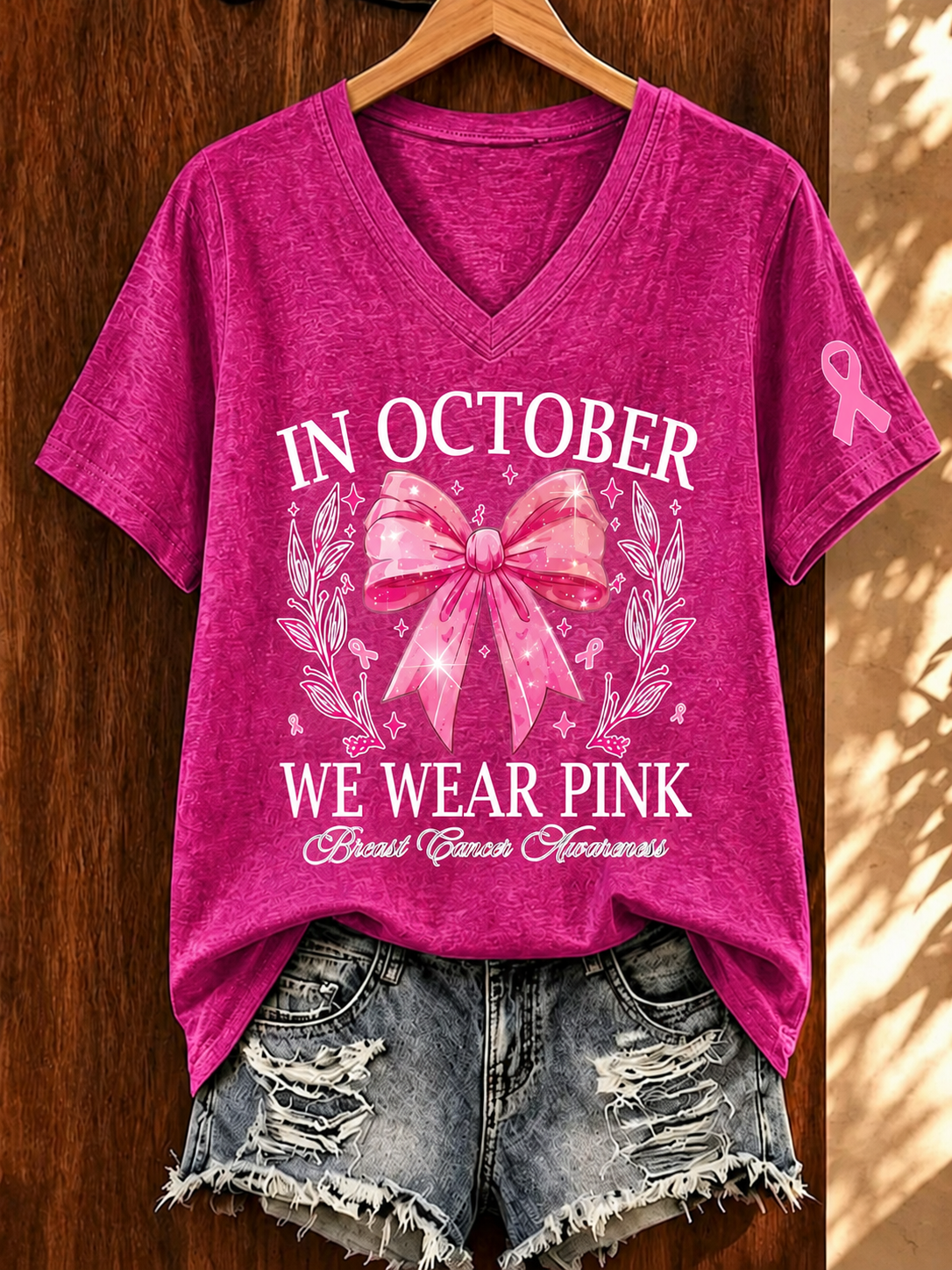 Women'S Breast Cancer Awareness Together We Fight We Win Bow Coquette Printed T-Shirt