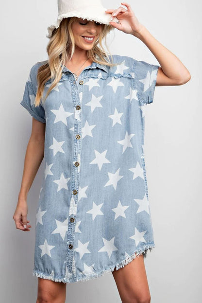 Sky Blue Stars Frayed Hem Collared Short Sleeve Denim Dress