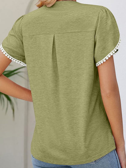 Solid V-neck Lace Short Sleeve Casual Top