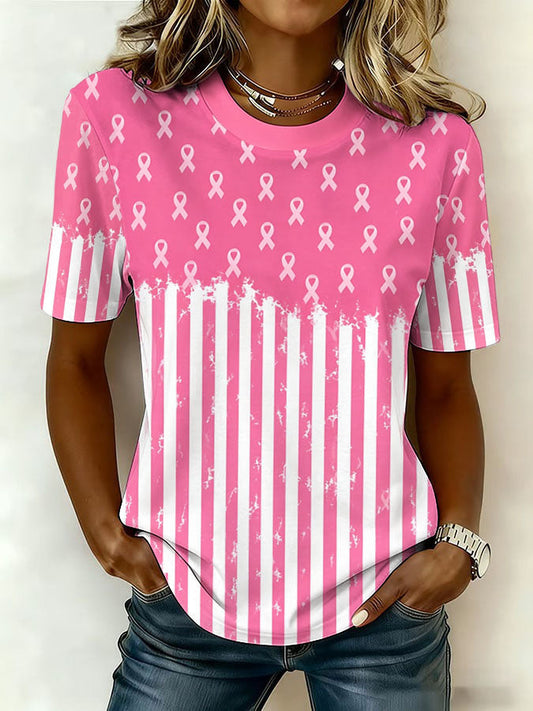 Women'S Pink Stripe Art Breast Cancer Awareness Print T-Shirt
