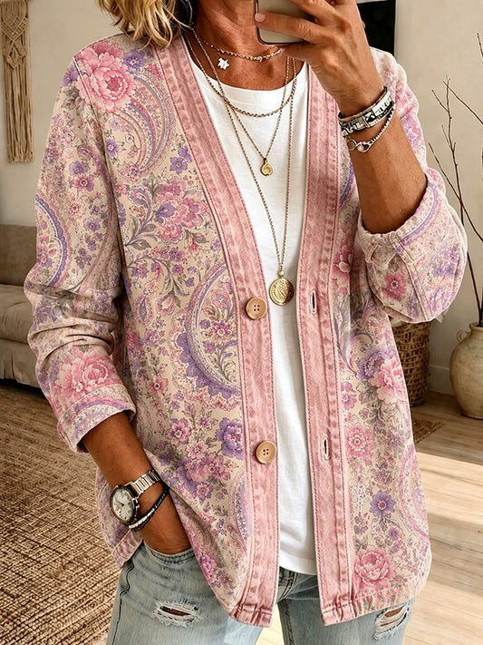 Women'S Casual Pink Floral Cardigan Top