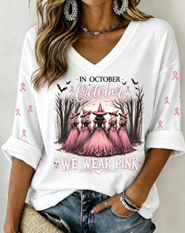 Women'S In October We Wear Pink Mid Sleeve V-Neck T-Shirt
