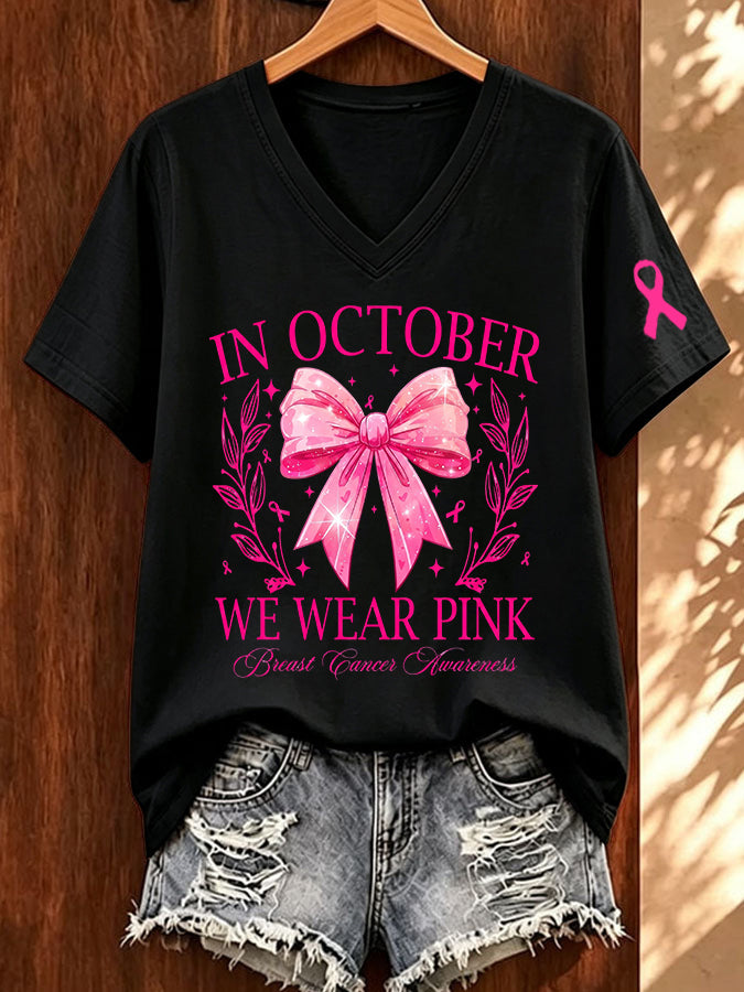 Women'S Breast Cancer Awareness Together We Fight We Win Bow Coquette Printed T-Shirt