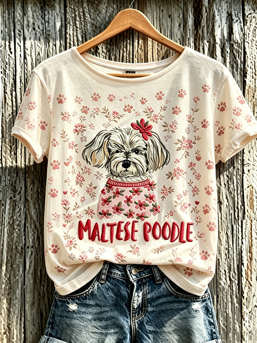 Women'S Animal Dog Floral Print Fashionable Short Sleeved Shirt