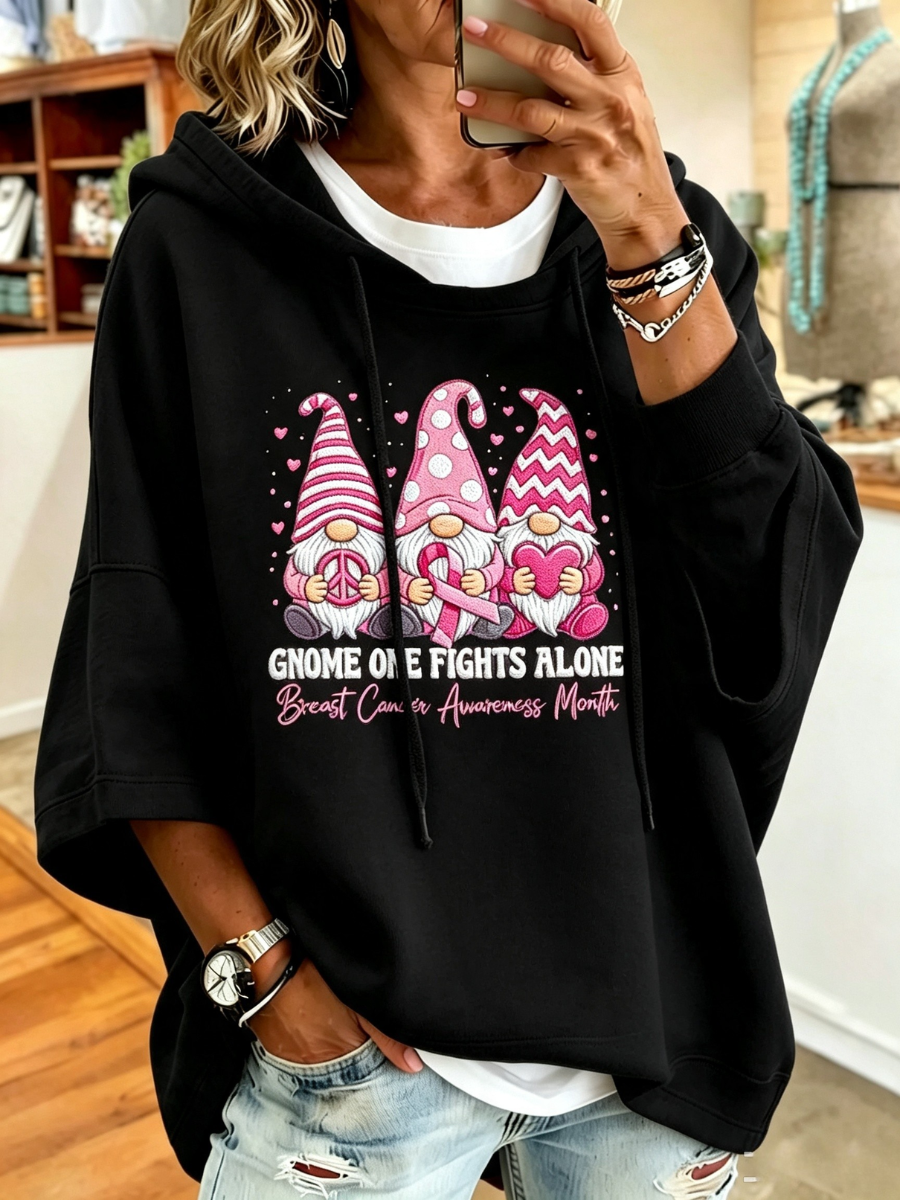 Women Breast Cancer Heart-Shaped Print Oversized Hoodie