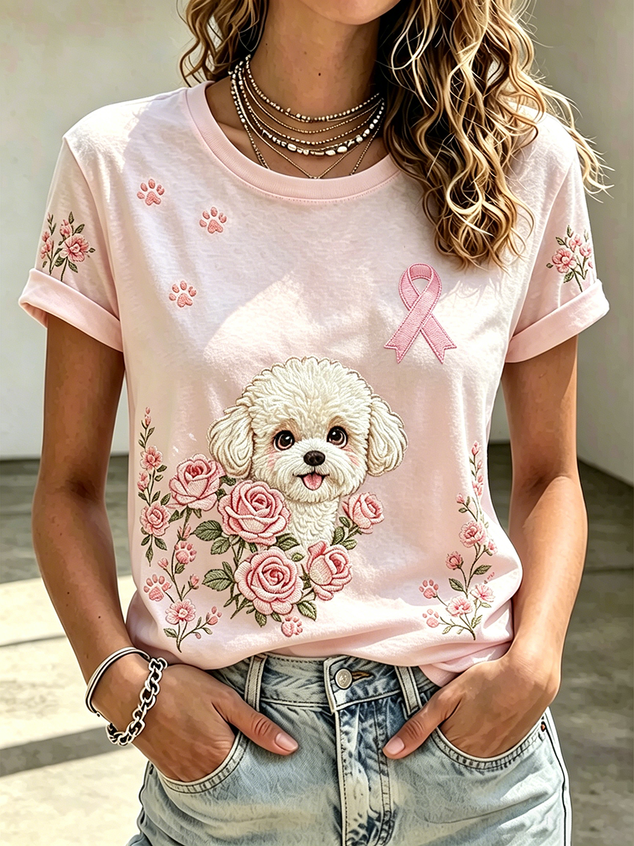 Pink Series Disease Health Awareness Public Welfare Printed Round Neck T-Shirt