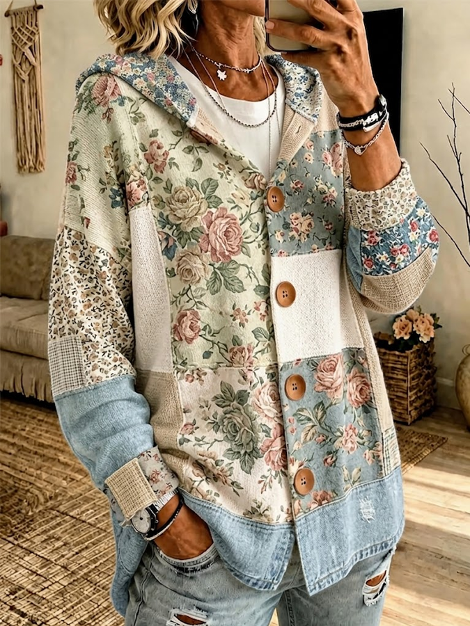 Women's Casual Retro Low Saturation Tone Splicing Hooded Long Sleeved Cardigan