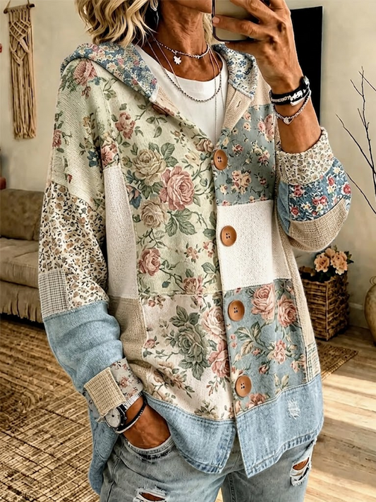 Women's Casual Retro Low Saturation Tone Splicing Hooded Long Sleeved Cardigan