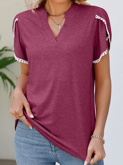 Solid V-neck Lace Short Sleeve Casual Top