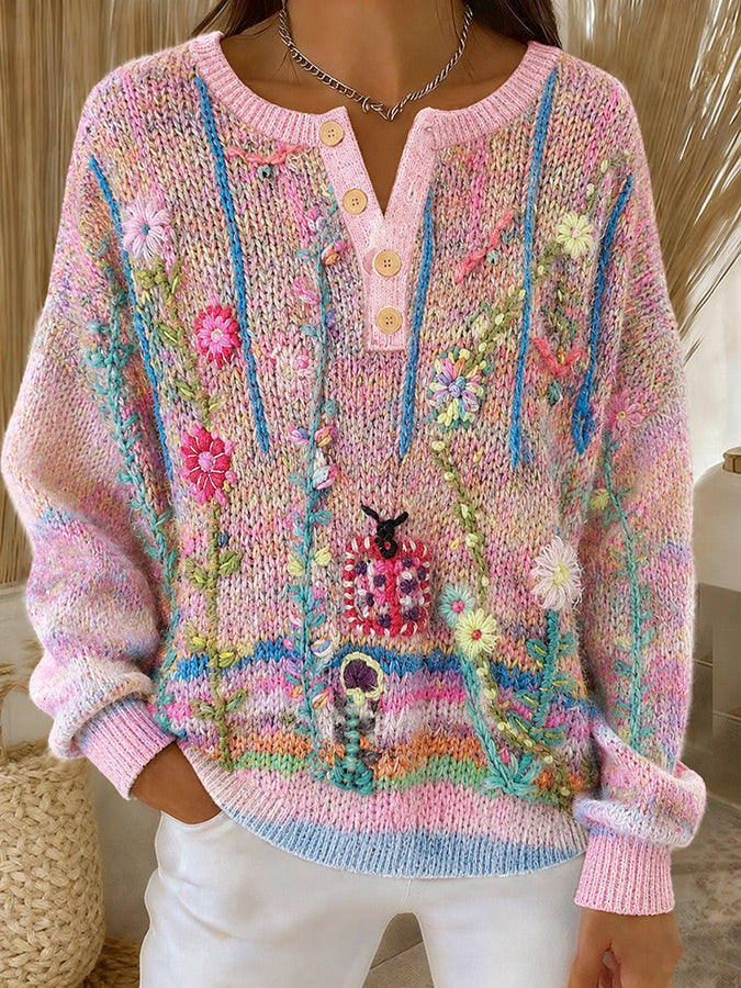 Women'S Casual Printed Henry Button Knit Top