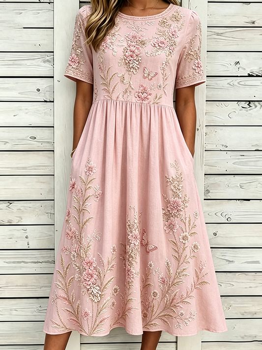 Women's Floral print Cotton Linen Short-Sleeved Dress