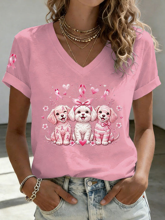 Women'S Breast Cancer Awareness Dachshund Print T-Shirt