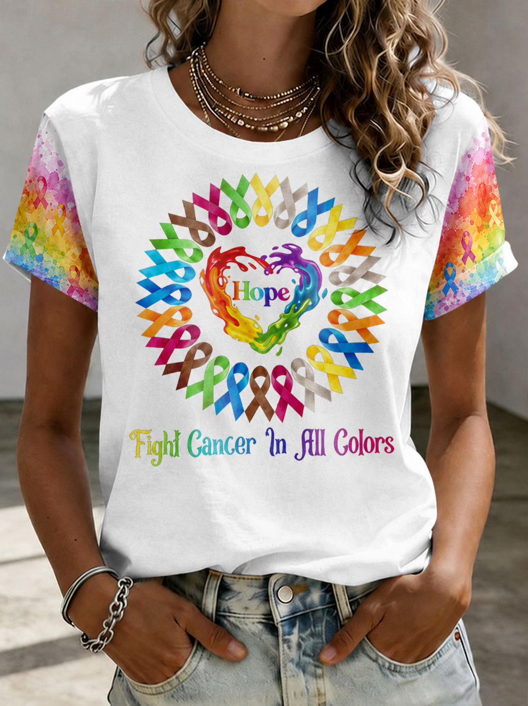 Women Hope Heart All Color Cancer Ribbons Fight Cancer T-Shirt