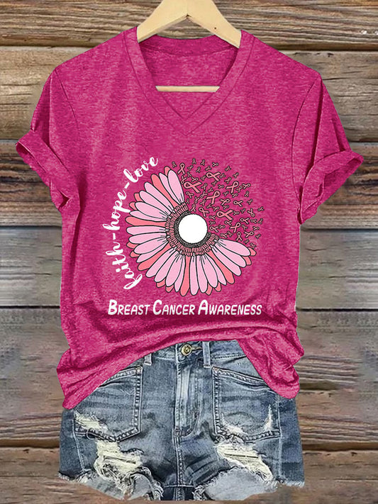 Women's Breast Cancer Awareness Print V Neck T-shirt