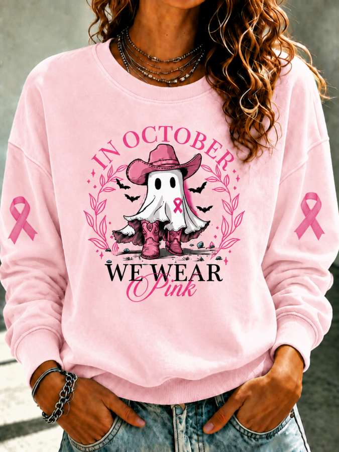 Women'S In October We Wear Pink Print Round Neck Sweatshirt