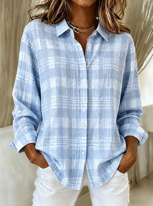Women'S Pink Striped Printed Lapel Long Sleeved Shirt