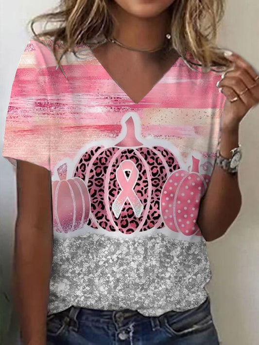 Women's Breast Cancer Awareness Print V Neck T-Shirt