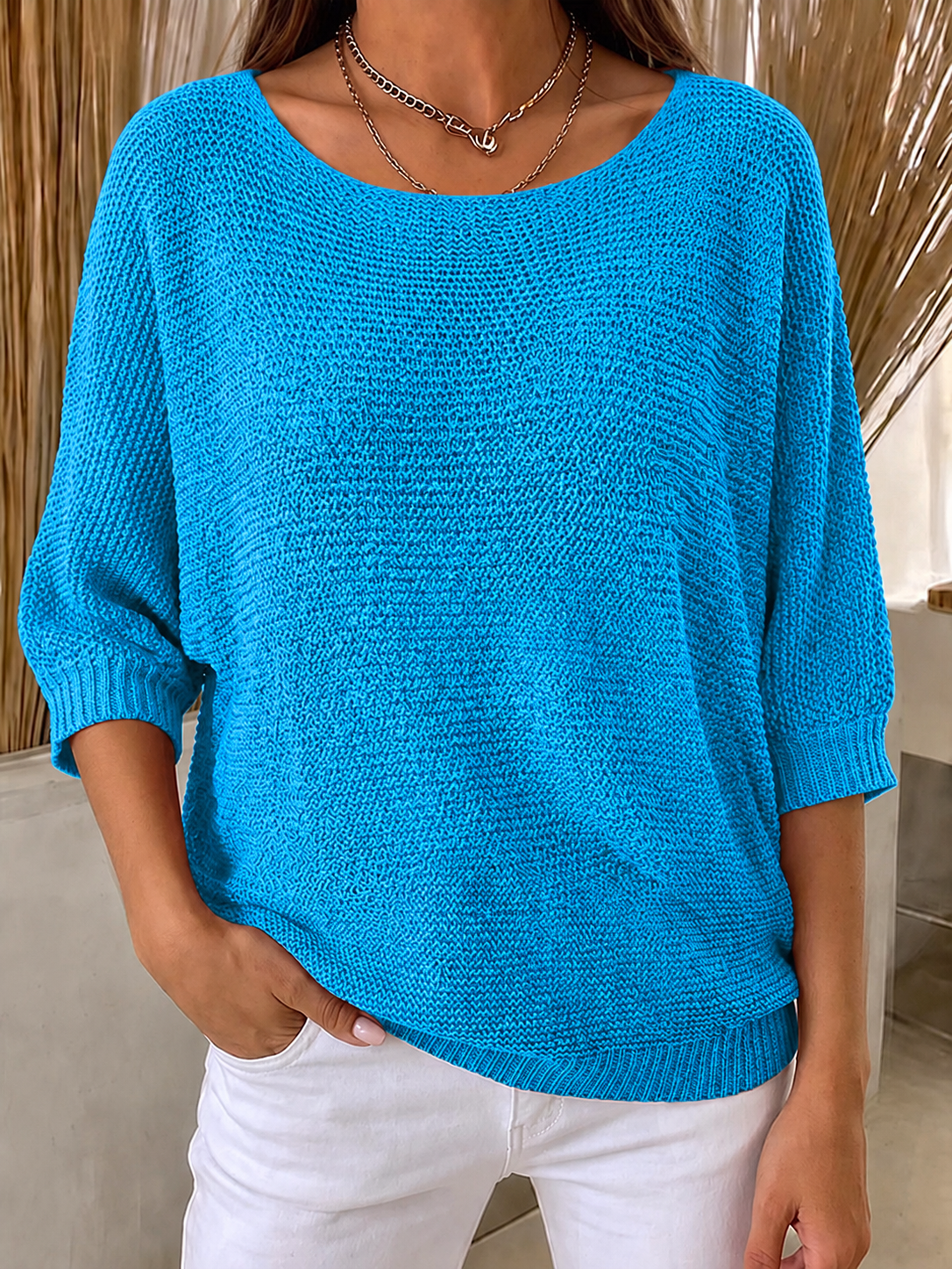 Women'S Solid Color Multi-Color Round Neck Knitted Sweater With Seven Quarter Sleeve Top