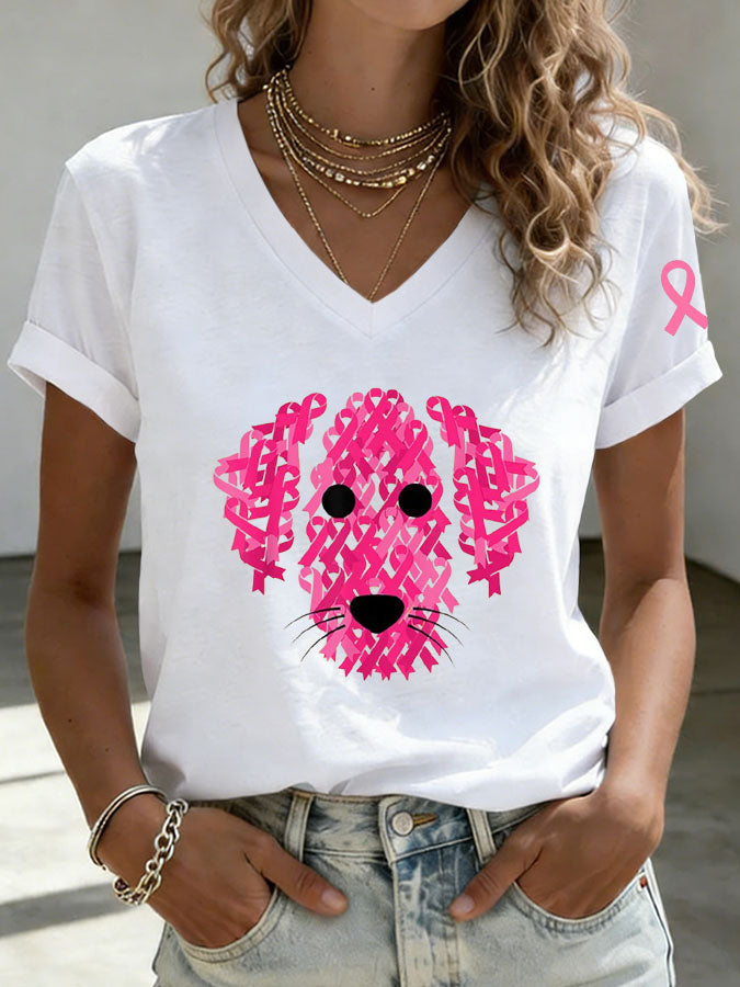 Women'S Breast Cancer Awareness Cute Dog Print T-Shirt