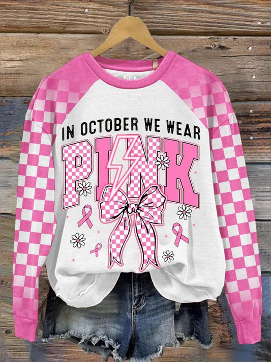 Women's Breast Cancer Awareness Month Pink Art Printed Round Neck Long Sleeve Sweatshirt
