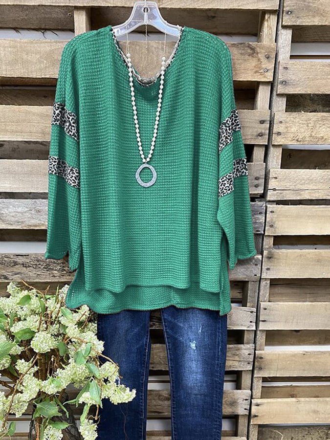 European And American Style Leopard Stitching Design Waffle Long-Sleeved Shirt