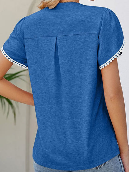 Solid V-neck Lace Short Sleeve Casual Top
