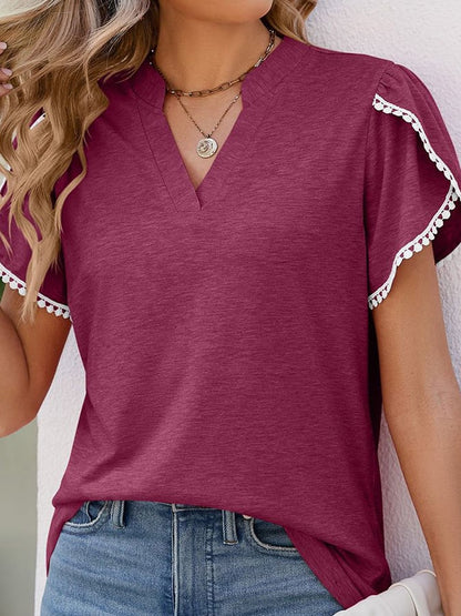 Solid V-neck Lace Short Sleeve Casual Top