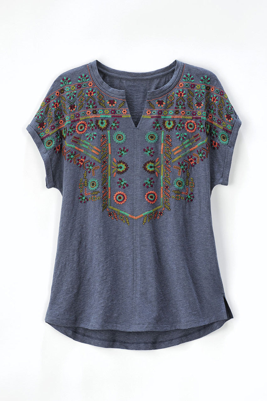 Embroidered Split-Neck Slub Tee