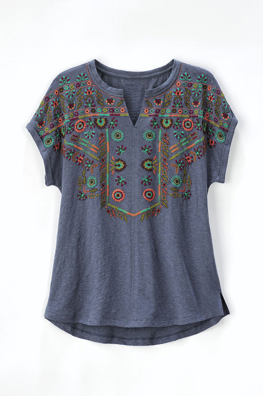 Embroidered Split-Neck Slub Tee
