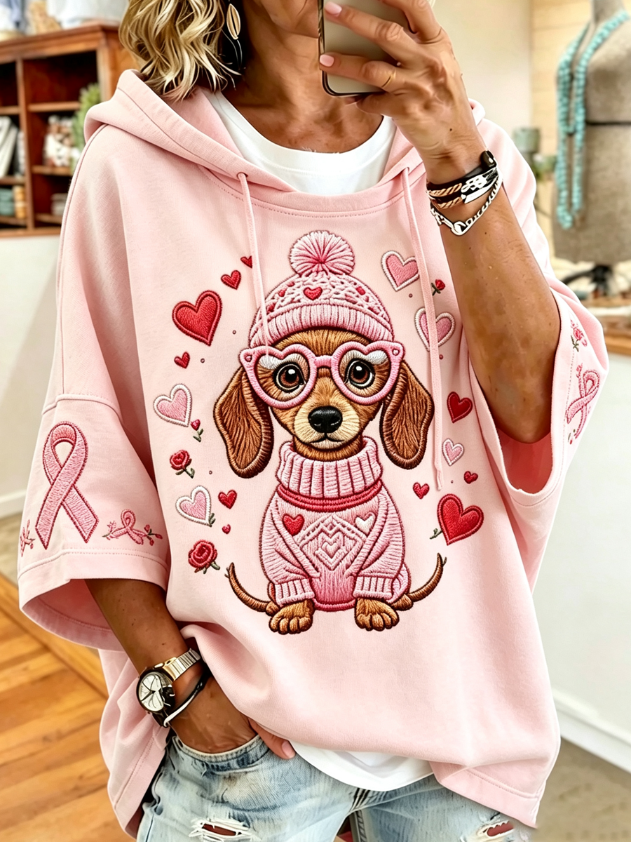 Women'S Casual Animal Dog Pink Hooded Sweatshirt